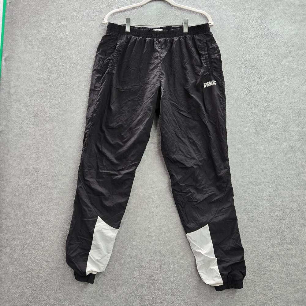 PINK Women Activewear Pants M Black Windbreaker Jogger Logo READ